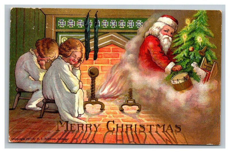 Vintage 1907 Christmas Postcard Santa Claus with Toys Chimney Sleeping Children