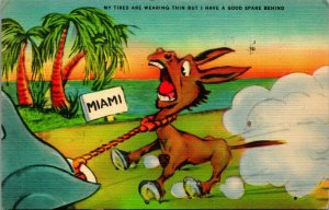 Comic My Tires Are Wearing Thin Donkey Behind Car Miami FL Linen Postcard E8