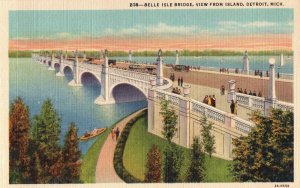 VINTAGE POSTCARD VIEW FROM THE ISLAND BELLE ISLE BRIDGE DETROIT MICHIGAN c. 1930