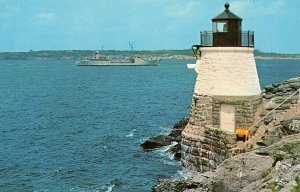 Postcard Navy Ship passing Castle Hill Light, Narragansett Bay ,Newport, RI.  Q5