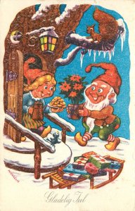 Swedish Christmas Postcard Gladdig Jul Tomte Gnome Brings Flowers To Tree House