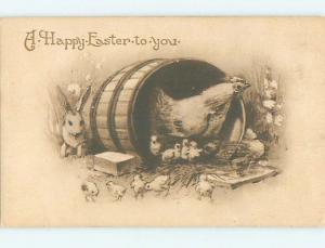 Divided-Back Easter BUNNY RABBIT HIDES BEHIND WOODEN BARREL o6038