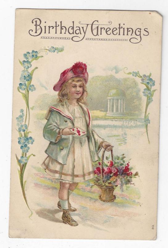 Birthday Greetings Victorian Girl Flower Basket Embossed