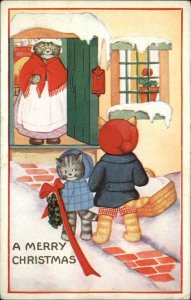 Christmas Kitty Cat Family Fantasy Mother & Kids c1920 Postcard #1