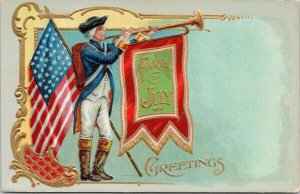 Fourth of July Greetings Patriotic USA Soldier Playing Horn Unused Postcard E87