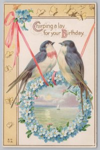 Greetings~Sailboat Forget Me Not Wreath Birds Birthday Greeting~Vintage Postcard 