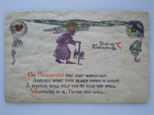 Halloween Postcard Everett Studios Witch Purple Cat Moon Star Heart Magic Spell