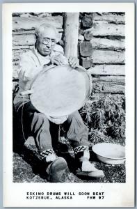 KOTZEBUE ALASKA ESKIMO DRUMS WILL SOON BEAT VINTAGE REAL PHOTO POSTCARD RPPC