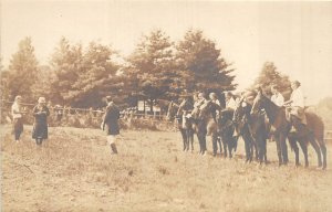 RPPC HORSE CAMP CHILDREN RIDING INSTRUCTION REAL PHOTO POSTCARD (c. 1910)