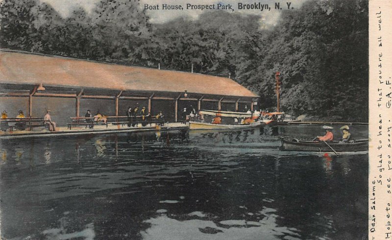 Boat House, Prospect Park, Brooklyn, NY,  Hand Colored Postcard, Used in 1906