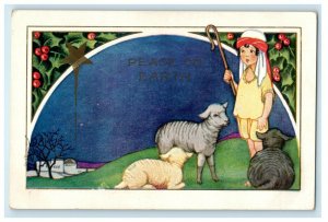 1924 Greetings Easter Little Boy And Sheep Embossed Posted Antique Postcard 