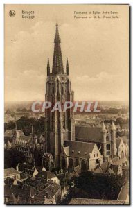 Old Postcard Belgium Bruges Panorama and church Our Lady