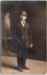 Old Man with Handlebar Mustache and Suit with Tie Portrait  - Vintage Postcard