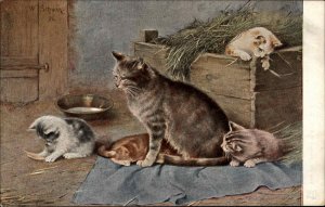 W Schwar Mother Cat with Nursing Kittens Animal Study c1910 Vintage Postcard