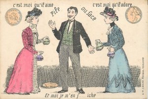 FRENCH HUMOR COMIC CARICATURE - HEADS OR TAILS - MONEY AND/OR LOVE c.1910