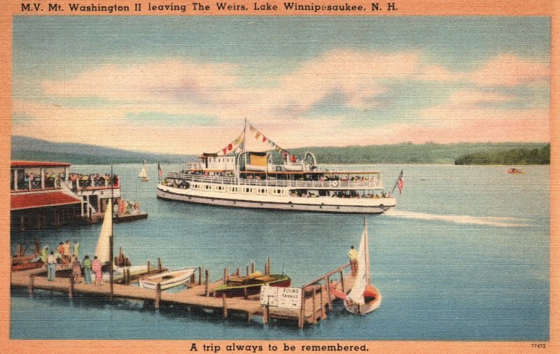 Vintage Postcard 1949 M.V. Washington II Leaving Weirs Lake Winnipesaukee NH TQV