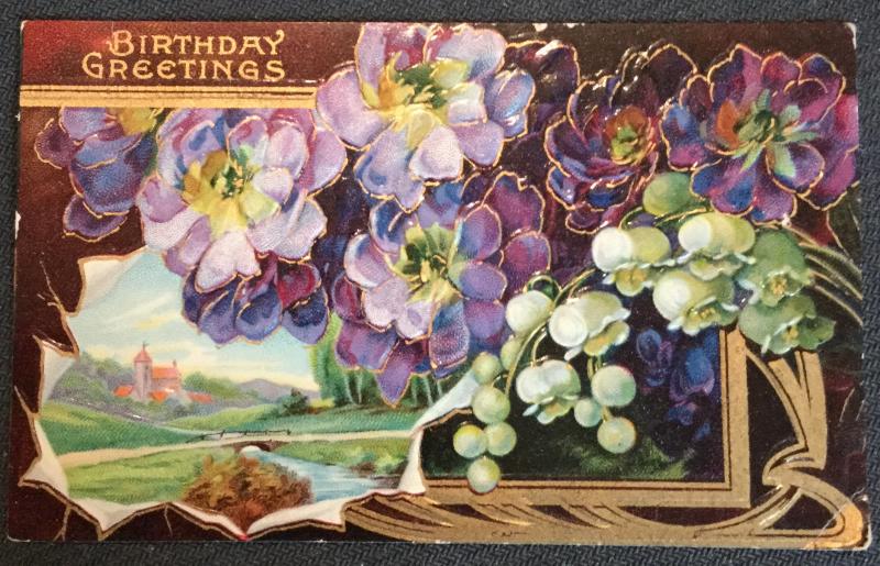 Postcard Unused “Birthday Greetings” Embossed Grapes/Flowers LB