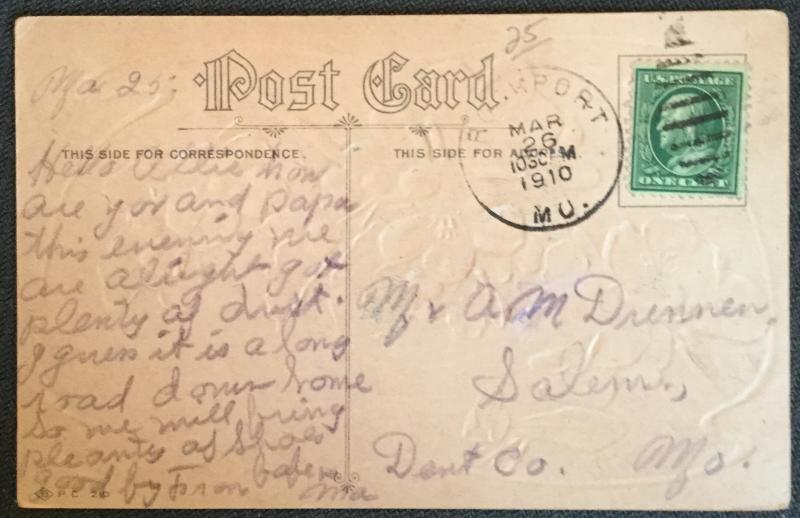 Postcard Used Embossed Flowers “May fortune smile...”  MO LB