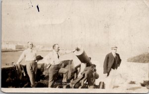 RPPC Men Posing with Large Artillery Cannon Real Photo Postcard J21