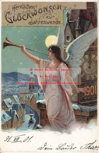 New Year, E Schmidt Dresden No ESD01-1, Angel Playing Horn, 1901 on Clock Tower