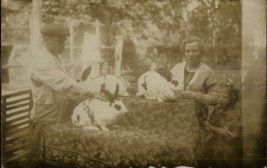 Children Girls & Dad Bunny Rabbits Amateur Real Photo Postcard c1910