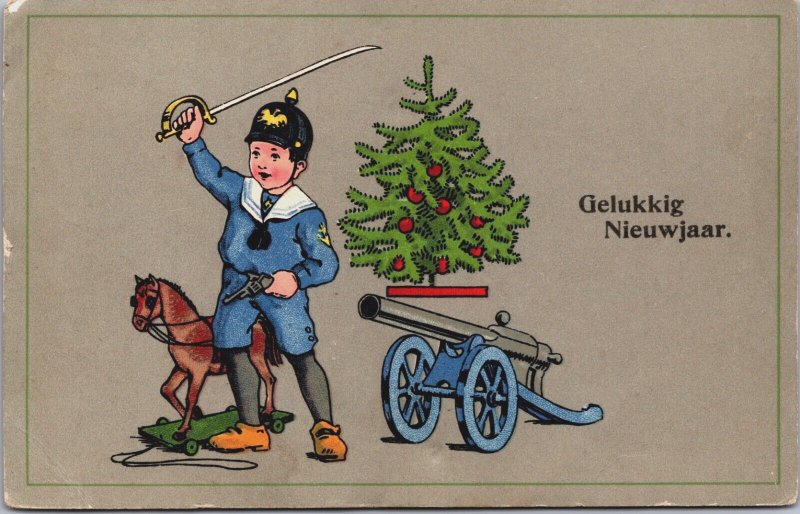 Happy New Year Boy Dressed as Toy Soldier With Toy Horse Cannon Postcard C174