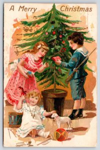 Victorian Christmas~Children With Toys Under Decorated Tree~1912 Dattilo Italy