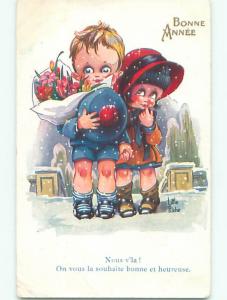 Pre-Linen new year signed FOREIGN - CUTE FRENCH GIRL HOLDS HANDS WITH BOY k5323