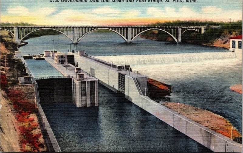 Minnesota St. Paul U.S. Government Dam  Locks Ford Bridge LINEN POSTCARD