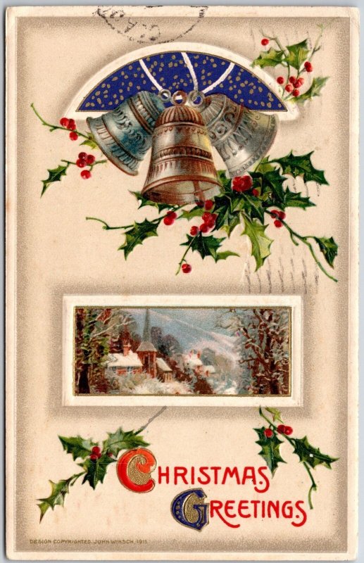 1911 Christmas Greetings Bells Landscape Green Leaves Posted Postcard