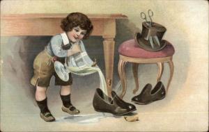 Early - Boy Pours Fish Tank Water Into Shoes Mischievous Child c1910 Postcard 