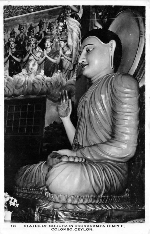 RPPC STATUE OF BUDDHA ASOKAAMYA TEMPLE COLOMBO CEYLON REAL PHOTO POSTCARD 1955