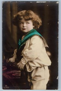 c1910's Cute Little Boy Curly Hair Studio RPPC Photo Posted Antique Postcard