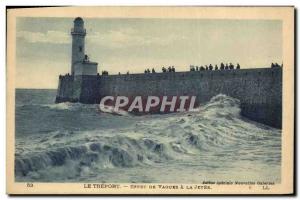 Old Postcard Lighthouse Treport waves effect to the pier