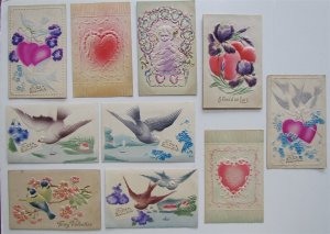 LOT of 10 VALENTINE EMBOSSED ANTIQUE POSTCARDS DOVES CUPID HEARTS