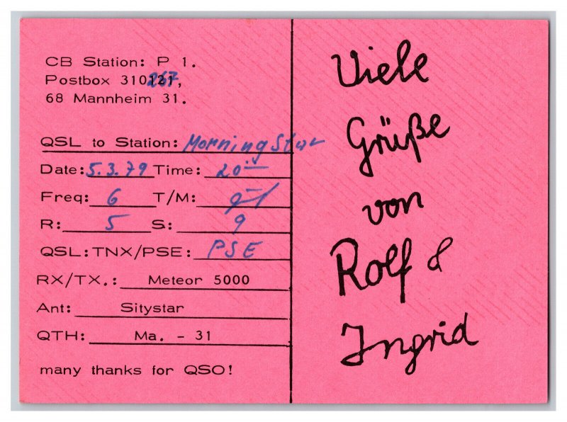 Postcard QSL CB Ham Radio Amateur Card From Manheim Germany 