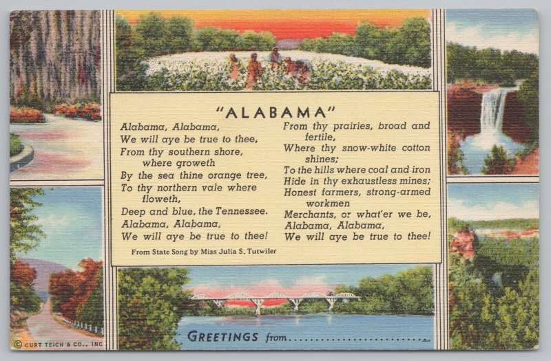 Alabama~Tutwiler Song~Multi State Views~Cotton~Bridge~Waterfall~Linen Postcard