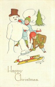 Artist impression C-1910 Christmas Snowman Children Sled Postcard 21-8518