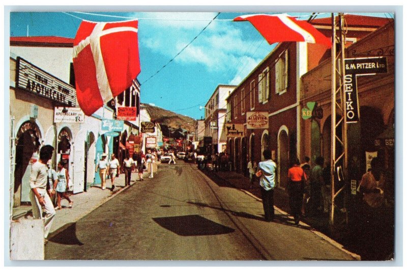 c1950's Apothecary Seiko Main Street Charlotte Amalie St Thomas US VI Postcard