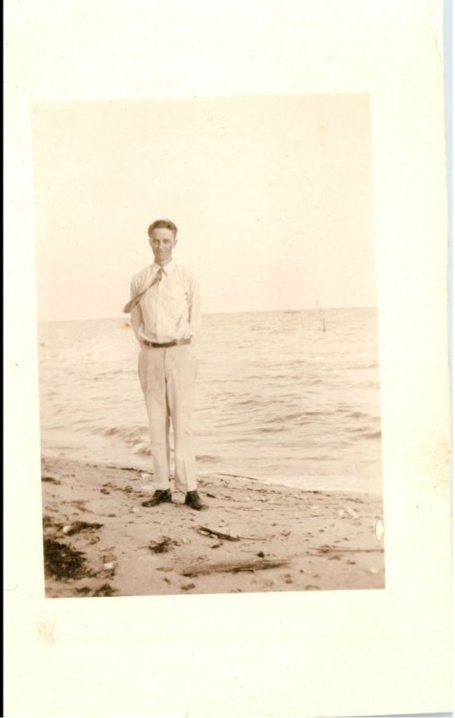 c1910 Real Photo Postcard Man with Tie Standing Beside the Ocean 178 