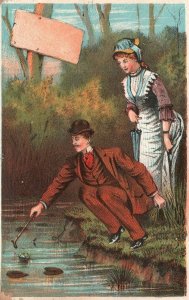 1880s-90s Woman in Dress Man in Suit Cain Reaching into Pond Trade Card