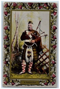 A Highland Piper Postcard Scotland Kilt Bagpipes Flowers 1909 Posted Antique