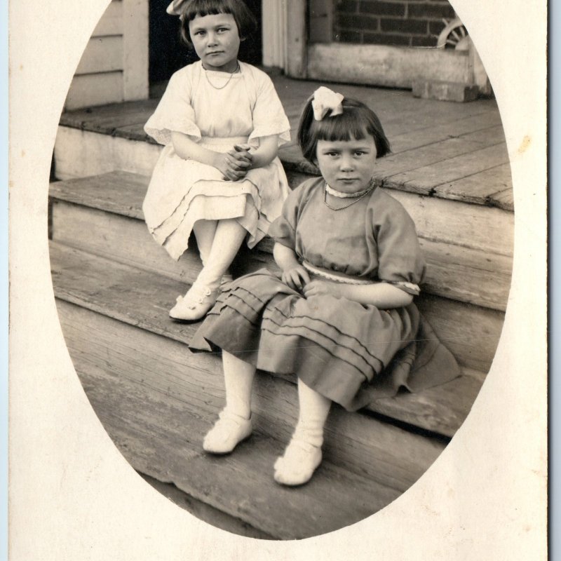 c1910s Cute Little Girls RPPC Outdoor House Porch Children Sharp Real Photo A260