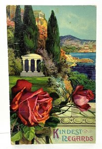 Vintage German Postcard Early 1900s Roses Floral Coastline