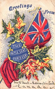 Vintage Postcard 1908 Greetings From The Maple Leaf Forever Flagship Canada