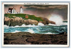 c1920's Wavy Sea, Rock Scene,Nubble Light York Beach Maine ME Postcard 