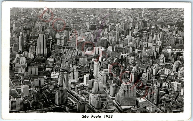 1953 Sao Paulo, Brazil RPPC Birds Eye Photo Postcard Conference Advertising A3