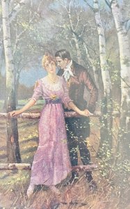 Antique 1900s German Postcard 'Question of the Heart' Painting Man Woman Woods