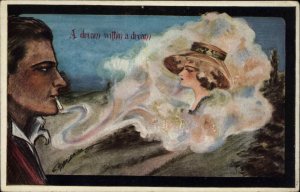 Romance Fantasy Man Sees Beautiful Woman in Cigarette Smoke c1910 Postcard