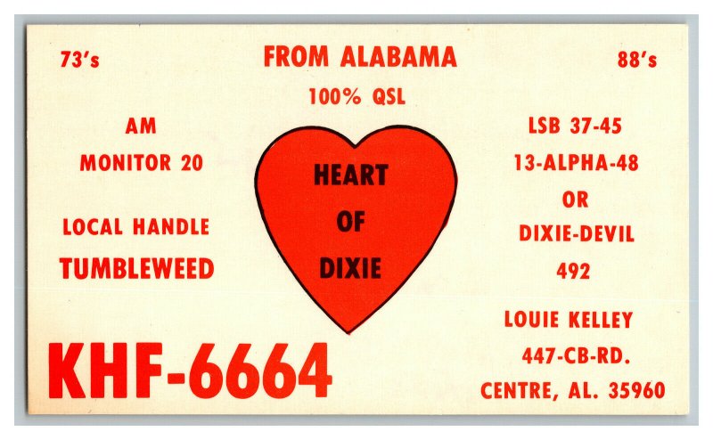 Postcard QSL Radio Card From Centre AL Alabama KHF-6664 